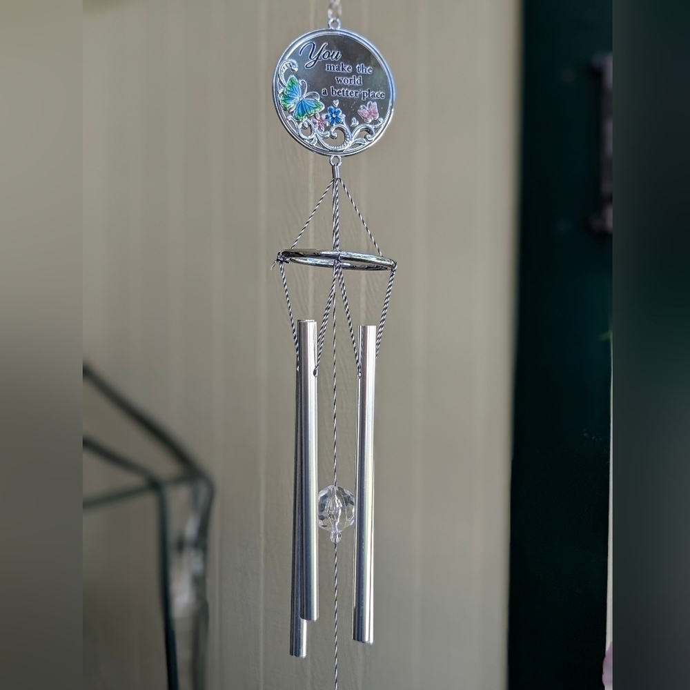 Silver color wind chimes, butterflies "You Make The World A Better Place"